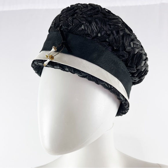 Vintage Mr. John Classic Black Woven Pillbox Style Hat with White Trim - Picture 2 of 8
